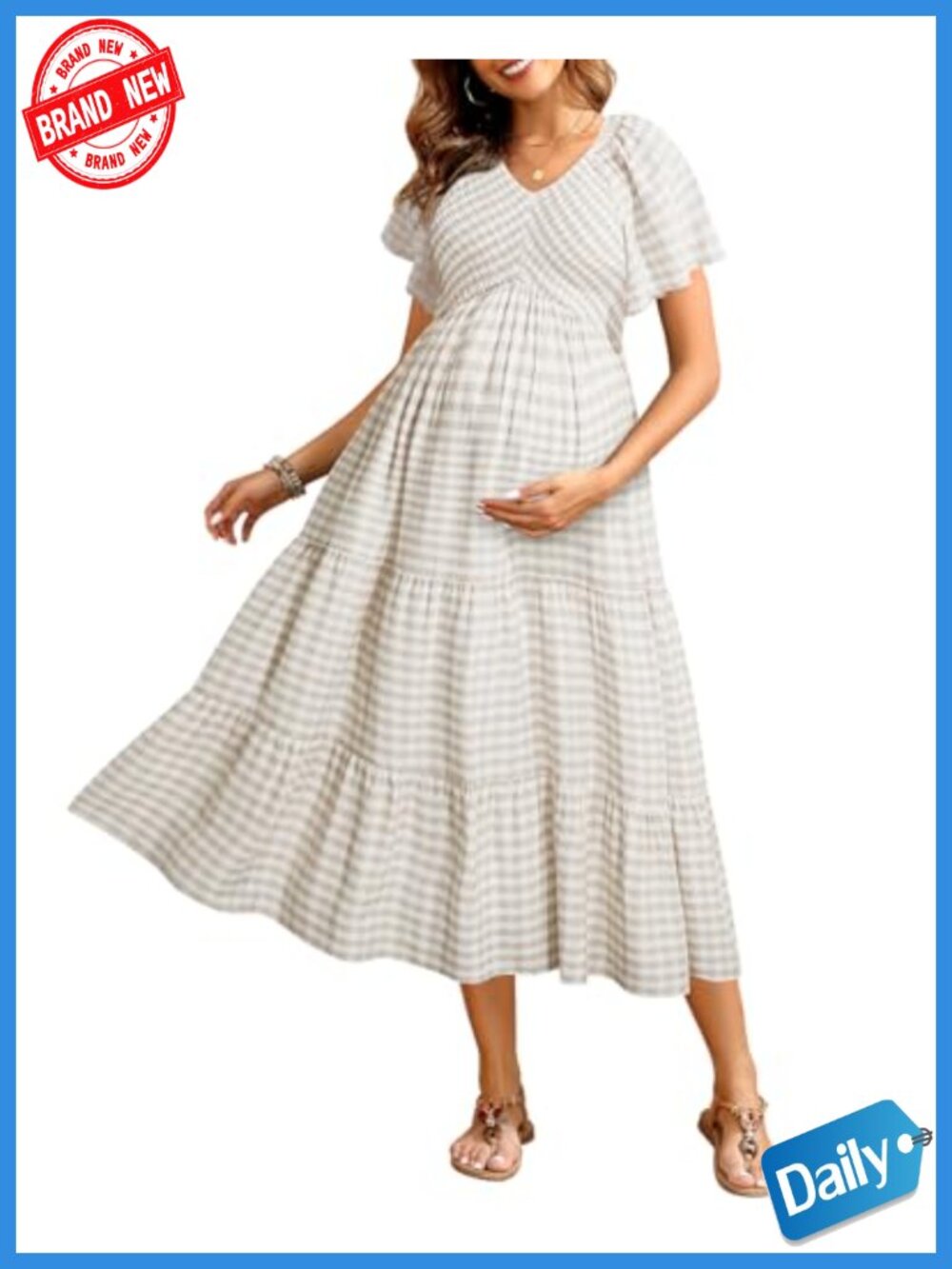 Maternity Midi Dress Smocked V-Neck Flutter Sleeve A-Line Baby Shower